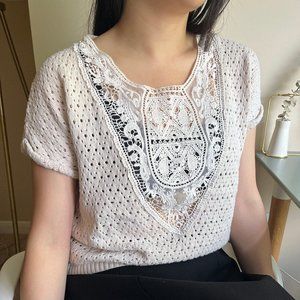 Cotton knit boho beach lace shirt XS